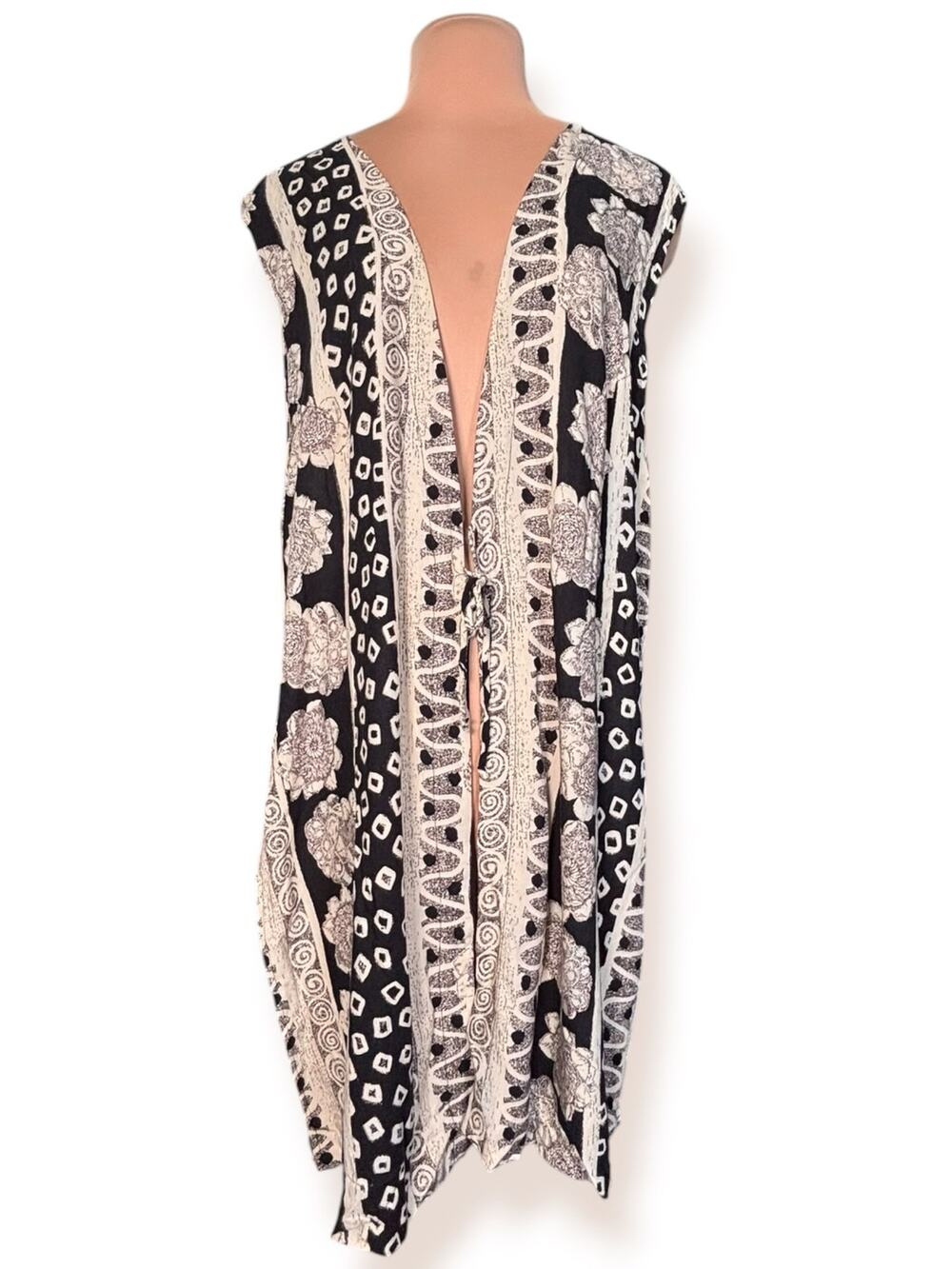 Vintage Black Abstract Art Floral Duster Vest Open Tie Front Boho Festival Layer
